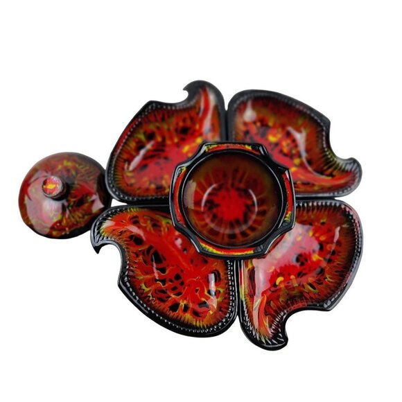 MCM Relish Platter/Dish 5Parts Red/Orange Black Multi Color 50/60"s Calf Pottery - Picture 5 of 12